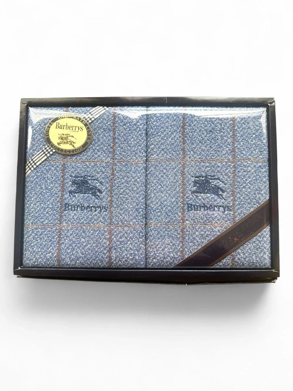 Vintage Burberrys London 2pc Cotton Towel Set Blue Check NIB Japan